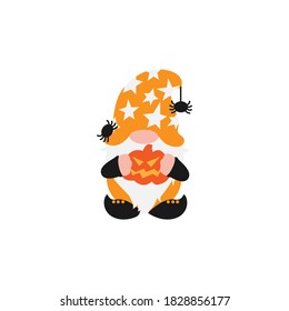Halloween Gnome with white beard in holiday costume with pumpkin in hands and spider on hat. Isolated without background. Cute farmhouse gnome for invitation, greeting card, home decoration, promo 