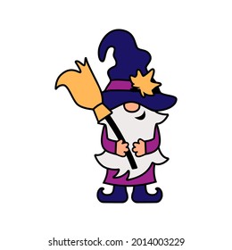 Halloween gnome, witch gnome with broom on white background. Vector illustration.