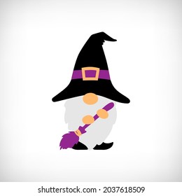 Halloween gnome with witch hat and broom. Scandinavian Nordic Gnome. Autumn holidays gnomes for greeting card, halloween t shirt design, print, mug.