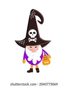 Halloween gnome in witch hat. Cute holiday print. Vector flat illustration