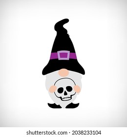 Halloween gnome with witch hat, and scull. Scandinavian Nordic Gnome. Autumn holidays gnomes for greeting card, halloween t shirt design, print, mug.