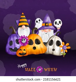 Gnome de Halloween, Gnome de Mago, Calabazas de Brujas y Halloween. ilustración de acuarela
