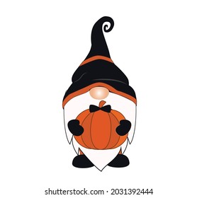 Halloween Gnome with Yellow Pumpkin Vector Illustration. 31st October Helloween Design.