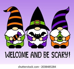 Halloween gnomes with bat, candy, poison bottle. Welcome and be scary phrase. Cartoon characters. Holidays greeting card. Funny vector illustration. For invitations, cards, sublimation.