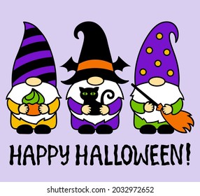 Halloween gnomes with black cat, cake, broom. Happy Halloween. Cartoon characters. Holidays greeting card. Halloween party phrase. Funny vector illustration. For invitations, cards, sublimation.