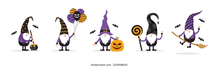 Halloween-Zwerge. Cuute skandinavische Elfen Sammlung. Zwerg feiert unschöne Nacht. Fröhliche Feiertagsfiguren. Vektorgrafik im flachen Cartoon-Stil.