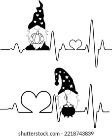 Halloween gnomes heartbeat silhouette vector