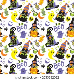 gnomos de Halloween, patrón de niños, patrón sin fisuras, monstruos, murciélago, luna, fantasma, impresión de fantasía, vector