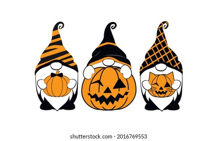 Halloween Gnomes with Lantern. Vector Illustration with Pumpkins. 