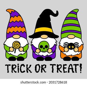 Halloween gnomes with lollipop, skull,spider. Trick or treat. Cute cartoon characters. Holidays greeting card. Halloween party phrase. Funny vector illustration. For invitations, cards, sublimation.
