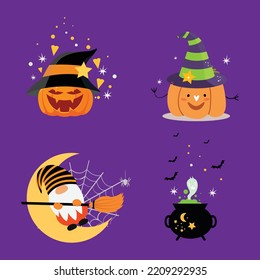 Halloween gnomes with pumpkin hat Halloween sticks cauldron birds stars vector template