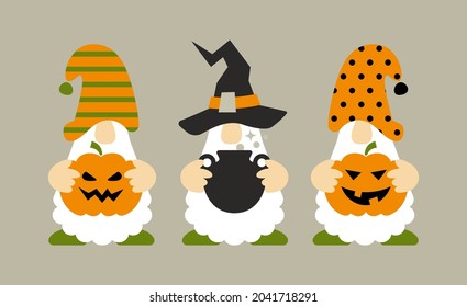Halloween gnomes with pumpkin, jack o lantern ,pot. Cute cartoon characters.
