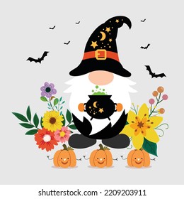 Halloween gnomes with pumpkin stick spider net flower vector