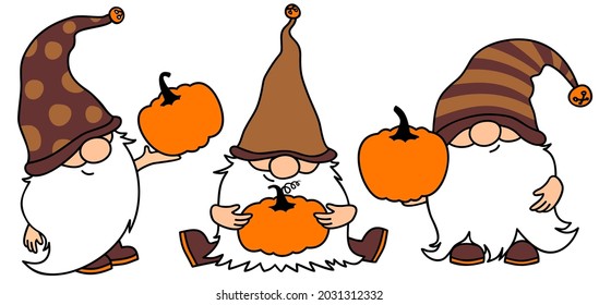 Halloween gnomes with pumpkins. Thanksgiving, Cartoon vector Leprechauns illustration for cards, decor, shirt design, invitations