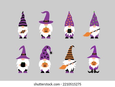 Halloween Gnomes.  Set of cute cartoon characters. Vector template for typography poster, greeting card, banner, sticker, etc.