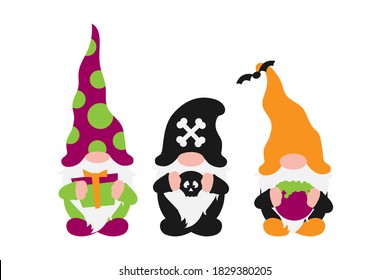 Halloween Gnomes set with white beards in holiday costume with gift, skull, witch pot in hands. Isolated without background. Cute farmhouse gnome for invitation, greeting card, home decoration, promo 