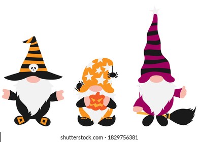 Halloween Gnomes Set with white beards in holiday costumes with broom, pumpkin in hands, spider. Isolated no background. Cute farmhouse gnome for invitation, greeting card, home decoration, promo 