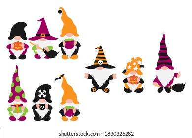 Halloween Gnomes Set with white beards in holiday costume with broom, witch pot, skull, bones, spider. Isolated without background. Cute farmhouse gnome for invitation, card, home decoration. Vector