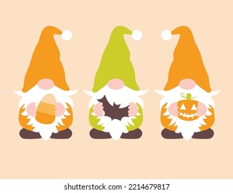 Halloween gnomes Svg cut file. Cute Halloween gnomes holding candy corn, pumpkin and bat. Kids Halloween shirt design. Vector illustration isolated on pastel background