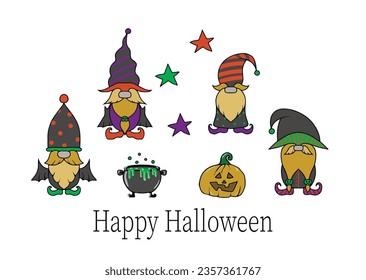 Halloween gnomes, vector illustration of pumpkin, potion and gnomes. Cute gnomes on a white background
