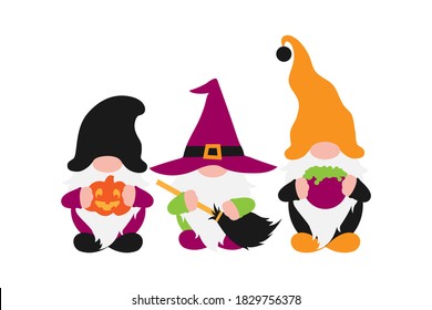 Halloween Gnomes with white beards in holiday costumes with broom, pumpkin, witch pot in hands. Isolated without background. Cute farmhouse gnome for invitation, greeting card, home decoration, promo 