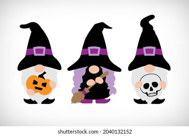 Halloween gnomes with witch hat, broom, pumpkin, scull. Scandinavian Nordic Gnome. Autumn holidays gnomes for greeting card, halloween t shirt design, print, mug.