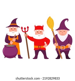 Halloween gnome.Trick or treat.Autumn holiday cute cartoon character.Vector flat illustration.Isolated on white background.The man in a suit in a devil costume with a trident.