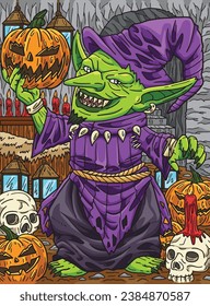 Halloween Goblin Hat and Robe Colored Cartoon 