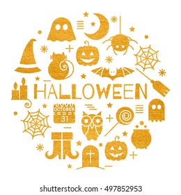 Halloween gold icons set in circle shape on white background. Golden design concept for festive banner, greeting and invitation card, flyer, tag, poster, postcard, advertisement. Vector illustration.