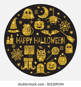 Halloween gold icons set in circle shape on black background. Golden design concept for festive banner, greeting and invitation card, flyer, tag, poster, postcard, advertisement. Vector illustration.
