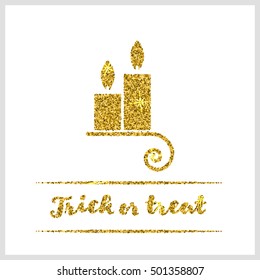 Halloween gold textured candle icon on white background. Golden design element for festive banner, greeting and invitation card, flyer, tag, poster, postcard, advertisement. Vector illustration.