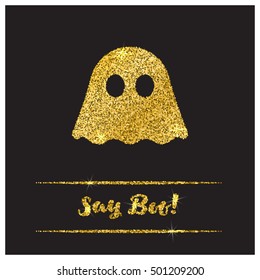 Halloween gold textured ghost icon on black background. Golden design element for festive banner, greeting and invitation card, flyer, tag, poster, postcard, advertisement. Vector illustration.