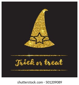 Halloween gold textured hat icon on black background. Golden design element for festive banner, greeting and invitation card, flyer, tag, poster, postcard, advertisement. Vector illustration.