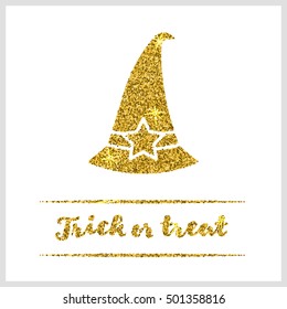 Halloween gold textured hat icon on white background. Golden design element for festive banner, greeting and invitation card, flyer, tag, poster, postcard, advertisement. Vector illustration.