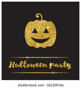 Halloween gold textured pumpkin icon on black background. Golden design element for festive banner, greeting and invitation card, flyer, tag, poster, postcard, advertisement. Vector illustration.