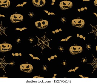 Halloween golden pattern with bat, pumpkin, spider, candy black background. pattern design, vector illustration background 