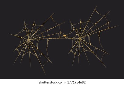 Halloween golden realistic spiderweb border. Vector isolated gold background for october night invitation cards and decorations.