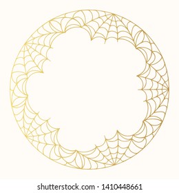 Halloween golden round spiderweb frame for party invitation. Vector isolated spooky gold decoration background for october night.