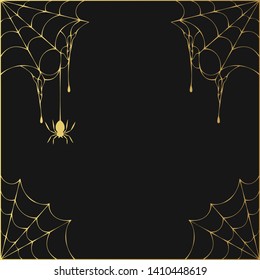 Halloween golden spiderweb corner frame with hanging spiders. Vector isolated gold spooky background for october night party.