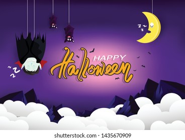 Halloween, good night greeting card, vampire and bats sleeping with moon on sky cartoon puppet characters, poster pink and purple pastel background vector illustration