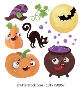 HALLOWEEN GOODS Hand Drawn Flat Design Cartoon Clip Art Magic Horror Holiday Vector Illustration Set For Print
