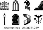 Halloween Gothic Architecture Elements Collection with Gargoyle Statue Castle Gate Arched Window Stone Wall Lamp Spiral Staircase and Bat Weathervane Vector Set