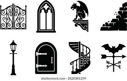 Halloween Gothic Architecture Elements Collection with Gargoyle Statue Castle Gate Arched Window Stone Wall Lamp Spiral Staircase and Bat Weathervane Vector Set