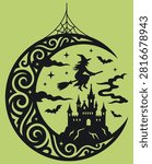 Halloween gothic castle with full moon and bats. Spooky vector illustration of haunted fortress under night sky.