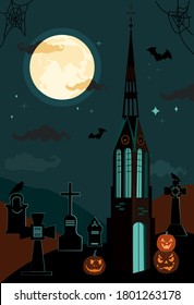 Halloween gothic catholic church and clock tower.Bats in the twilight sky,full moon and terrible pumpkins. Luminous Jack-o-lanterns. Night party on cemetery,tombstones with crosses. Vector poster