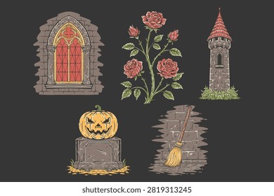 Halloween Gothic Elements Set Collection with Window, Red Roses, Medieval Tower, Tombstone, Witch Broom for Halloween October 31 Vector Illustration