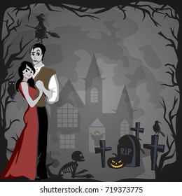 halloween gothic party with vampire couple, fun background for horror invitation on vamp cosplay, dracula teeth and fangs on vector flyer, white man and woman nightlife poster or banner illustration