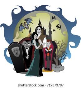 halloween gothic party with vampire couple, fun background for horror invitation on vamp cosplay, dracula teeth and fangs on vector flyer, white man and woman nightlife poster or banner illustration