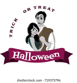 halloween gothic party with vampire couple, fun background for horror invitation on vamp cosplay, dracula teeth and fangs on vector flyer, white man and woman nightlife poster or banner illustration