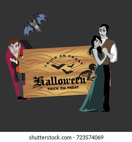 halloween gothic party with vampire couple, fun background for horror invitation on vamp cosplay, dracula teeth and fangs on vector flyer, white man and woman nightlife poster or banner illustration